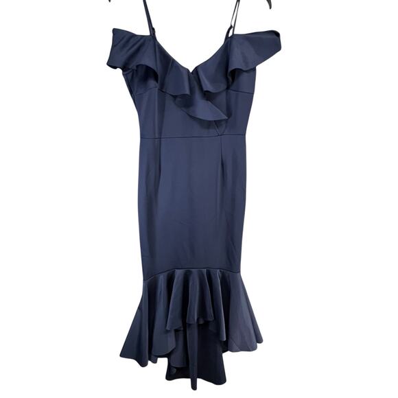 VENUS Midi Dress M Navy Blue Cold Shoulder Ruffled Mermaid Fit Flare Cocktail - Picture 4 of 15